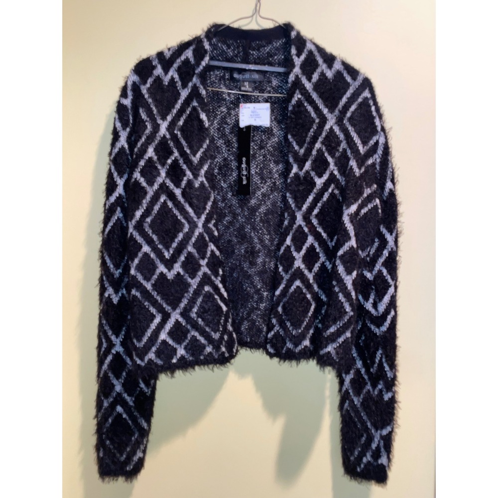 August Silk Womens Black White Diamond Eyelash Fuzzy Open Cardigan Sweater M NWT